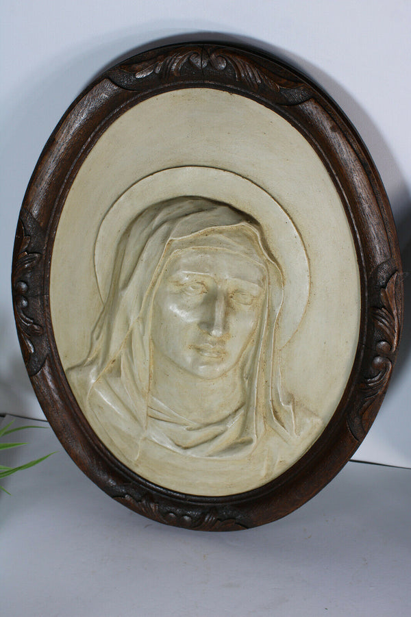 PAIR antique wood carved frame chalkware plaques MAry Christ relief wall