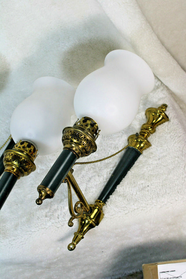 Set 3 bronze opaline Wall lights sconces Torch model Attr. maison arbus 1970s