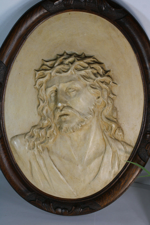 PAIR antique wood carved frame chalkware plaques MAry Christ relief wall