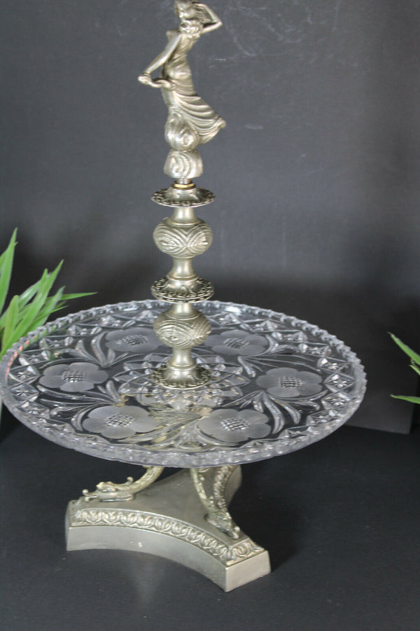 Vintage 1970 Brass Glass presentation tray cup cake biscuits figurine fish base