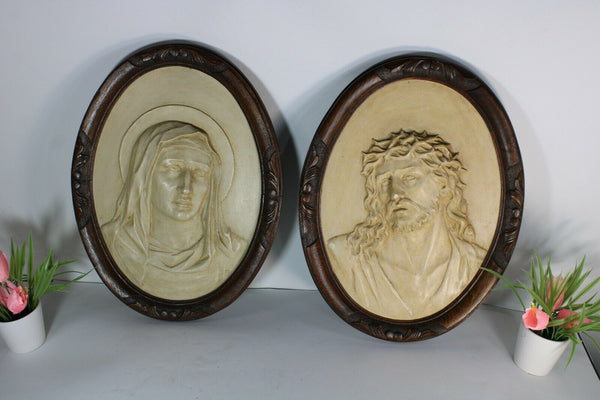 PAIR antique wood carved frame chalkware plaques MAry Christ relief wall