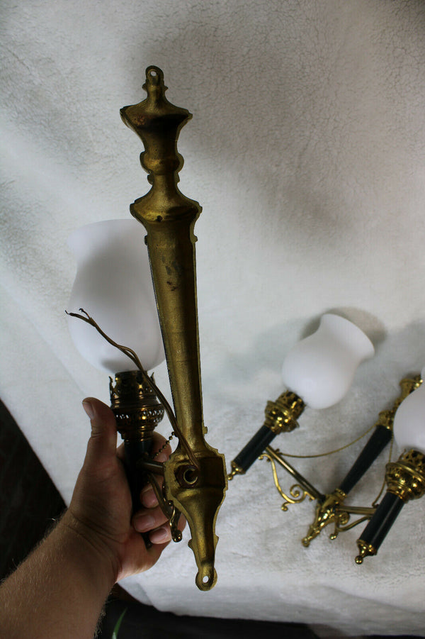 Set 3 bronze opaline Wall lights sconces Torch model Attr. maison arbus 1970s