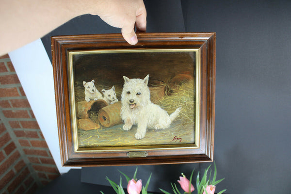 Vintage oil canvas dog painting signed