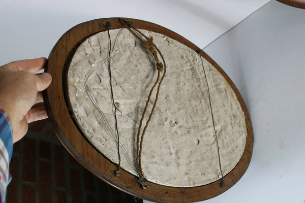 PAIR antique wood carved frame chalkware plaques MAry Christ relief wall