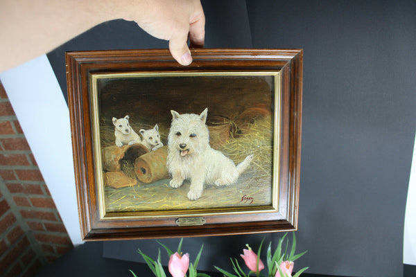 Vintage oil canvas dog painting signed