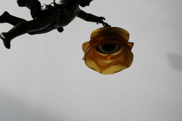 Antique zamac Metal bronze patina cherub putti pendant lamp chandelier