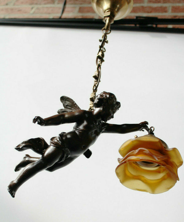 Antique zamac Metal bronze patina cherub putti pendant lamp chandelier