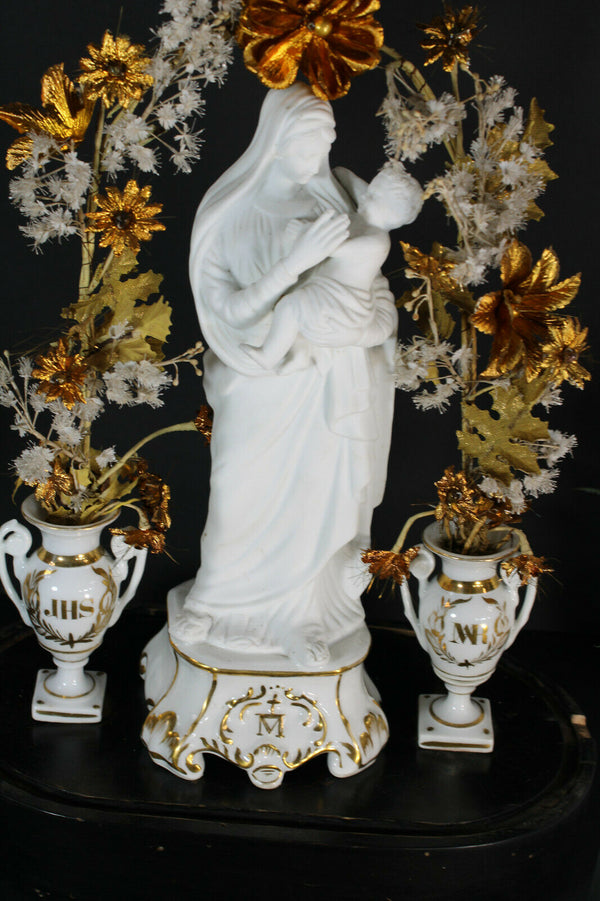 Antique victorian globe dome vieux paris porcelain madonna vases rare religious