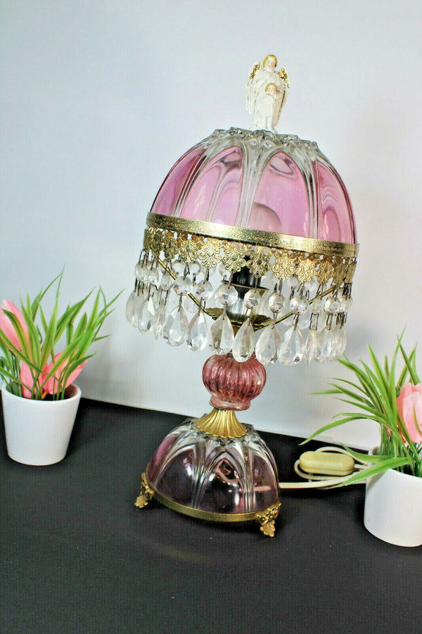 Vintage bohemian pink glass table lamp angel figurine top pendants drops