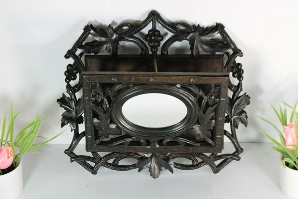 Antique Black forest wood carved letter wall holder with mirror