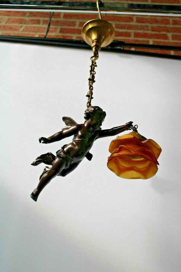 Antique zamac Metal bronze patina cherub putti pendant lamp chandelier