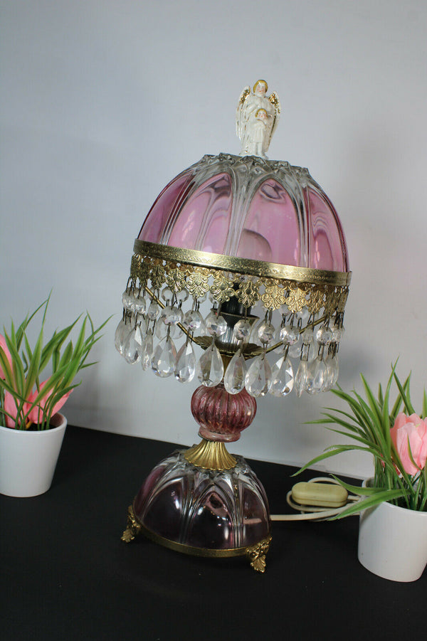 Vintage bohemian pink glass table lamp angel figurine top pendants drops