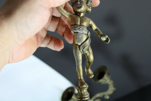 PAIR vintage bronze putti cherub figurine candle holders