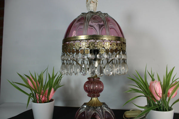 Vintage bohemian pink glass table lamp angel figurine top pendants drops