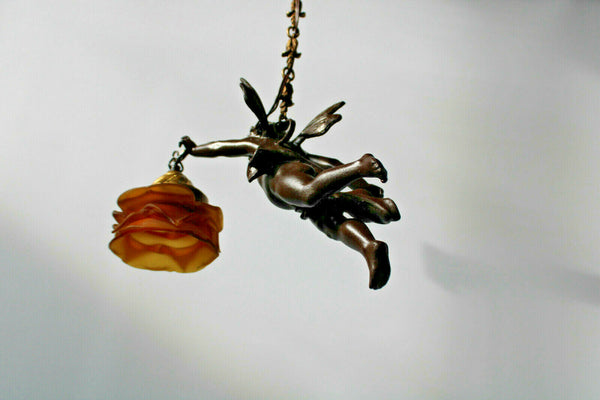 Antique zamac Metal bronze patina cherub putti pendant lamp chandelier