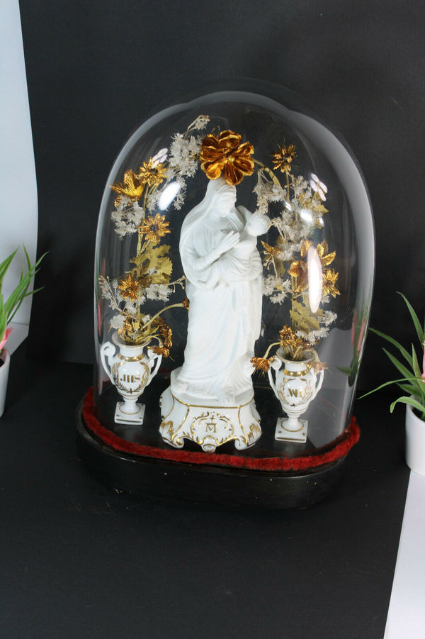 Antique victorian globe dome vieux paris porcelain madonna vases rare religious