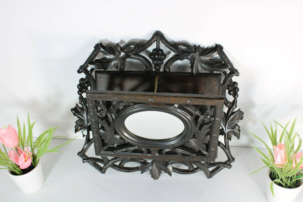 Antique Black forest wood carved letter wall holder with mirror