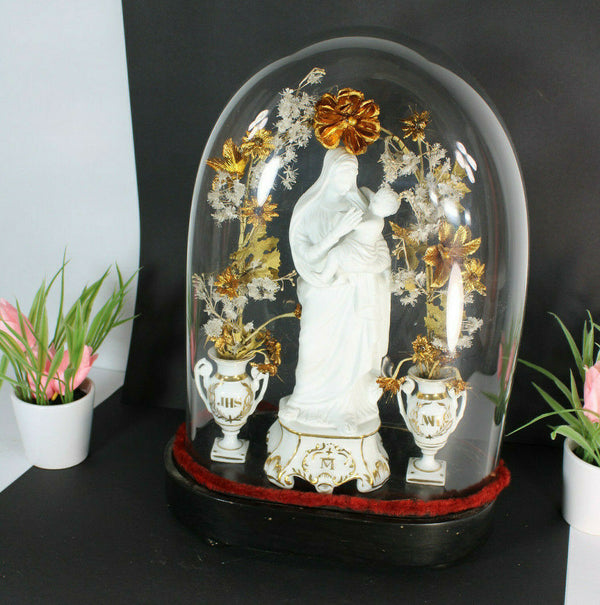 Antique victorian globe dome vieux paris porcelain madonna vases rare religious