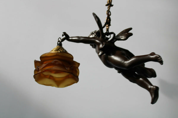 Antique zamac Metal bronze patina cherub putti pendant lamp chandelier