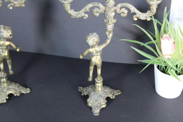 PAIR vintage bronze putti cherub figurine candle holders
