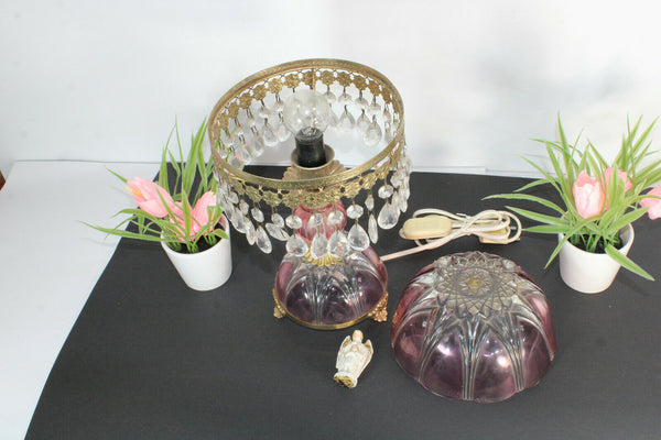 Vintage bohemian pink glass table lamp angel figurine top pendants drops