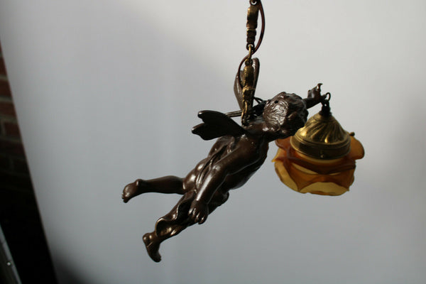 Antique zamac Metal bronze patina cherub putti pendant lamp chandelier