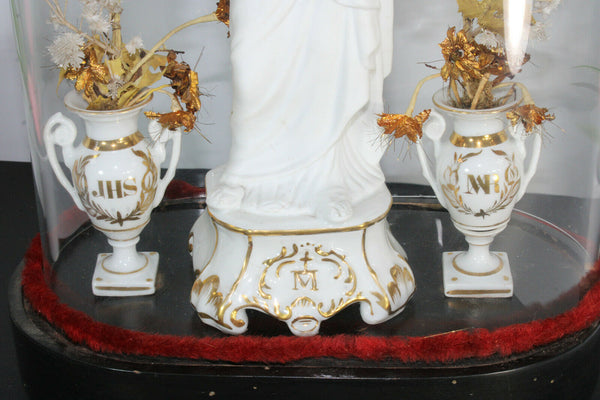 Antique victorian globe dome vieux paris porcelain madonna vases rare religious