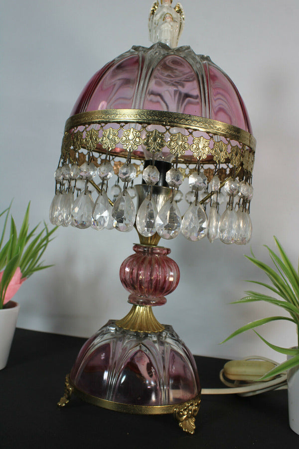 Vintage bohemian pink glass table lamp angel figurine top pendants drops