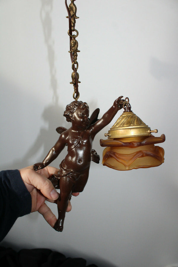 Antique zamac Metal bronze patina cherub putti pendant lamp chandelier