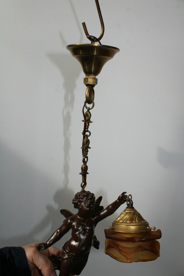Antique zamac Metal bronze patina cherub putti pendant lamp chandelier
