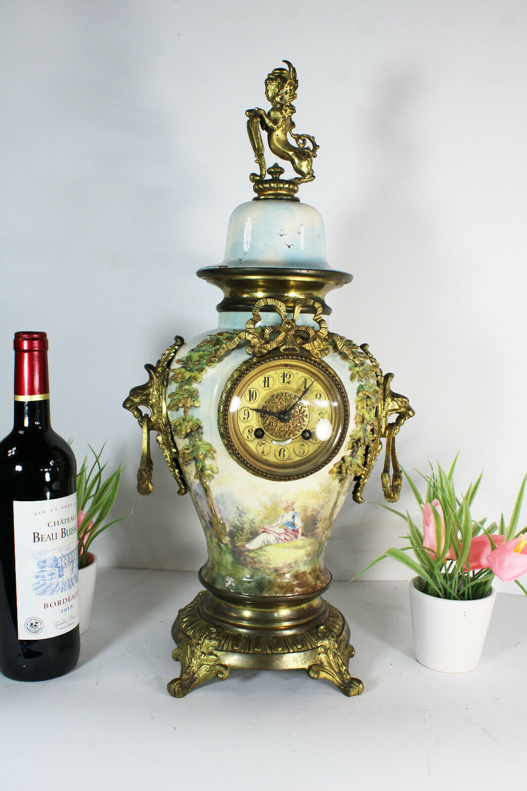 Antique Belgian faience ceramic hand paint MAntel clock sphinx lion heads rare