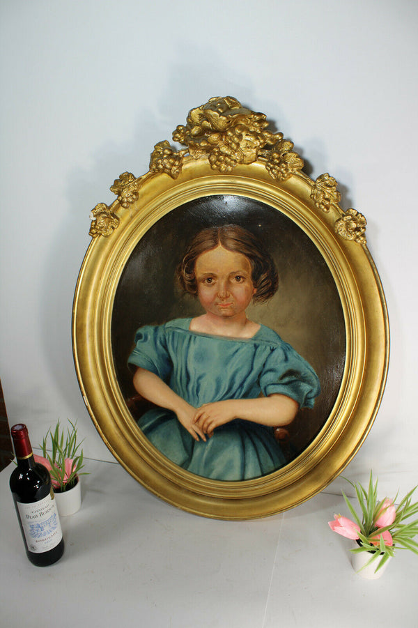 Antique french oil Cardboard portrait girl painting 19thc