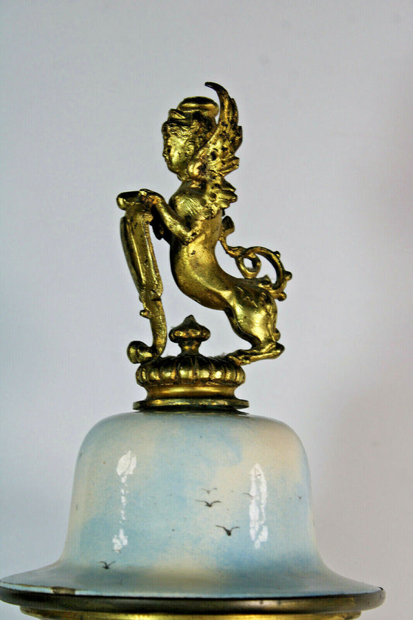 Antique Belgian faience ceramic hand paint MAntel clock sphinx lion heads rare