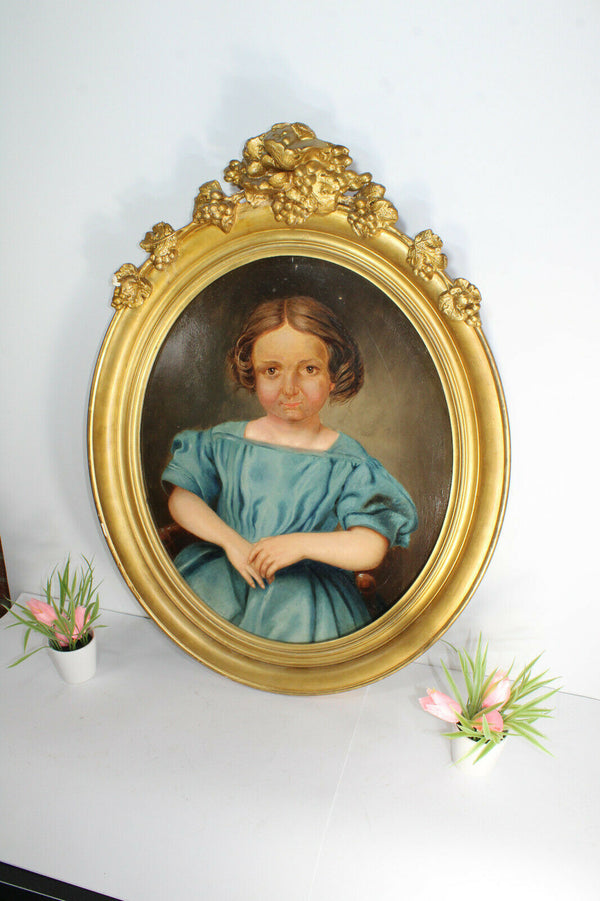 Antique french oil Cardboard portrait girl painting 19thc