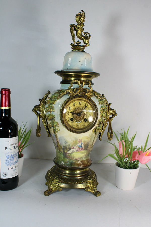 Antique Belgian faience ceramic hand paint MAntel clock sphinx lion heads rare