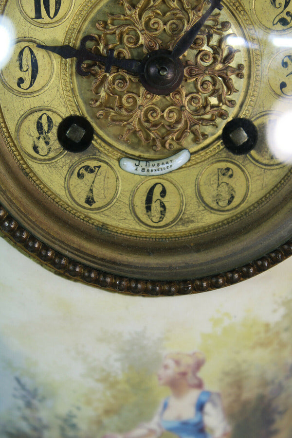 Antique Belgian faience ceramic hand paint MAntel clock sphinx lion heads rare