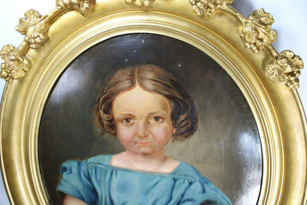 Antique french oil Cardboard portrait girl painting 19thc