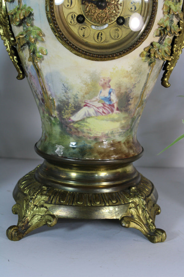 Antique Belgian faience ceramic hand paint MAntel clock sphinx lion heads rare