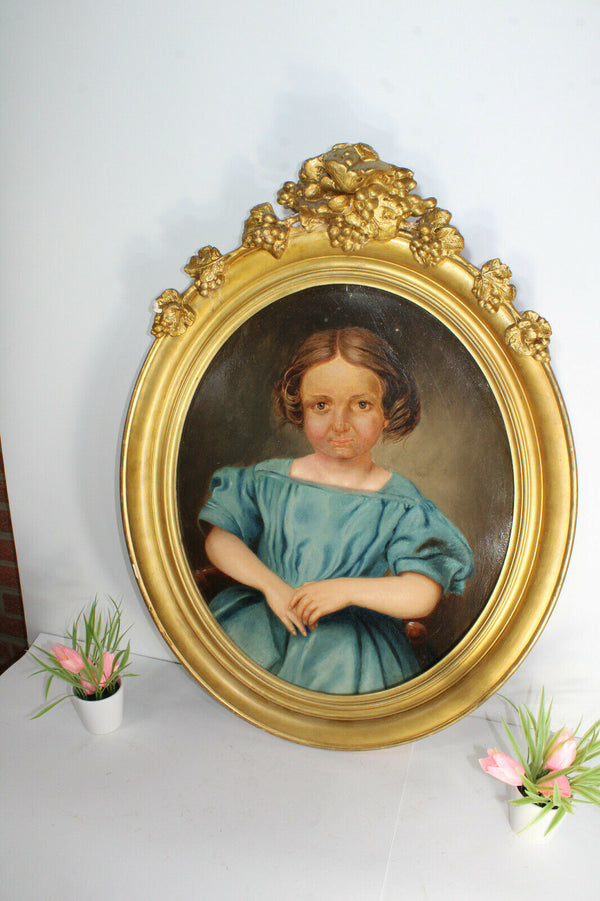 Antique french oil Cardboard portrait girl painting 19thc