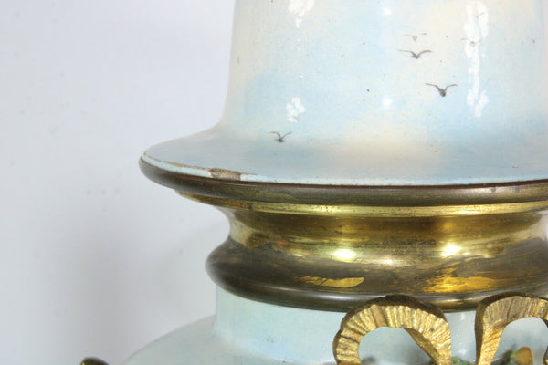 Antique Belgian faience ceramic hand paint MAntel clock sphinx lion heads rare