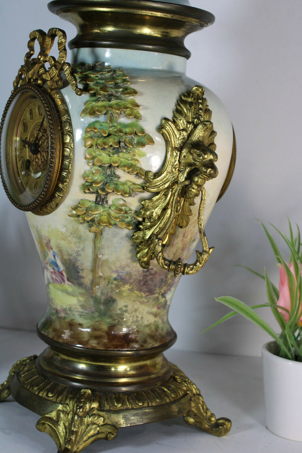 Antique Belgian faience ceramic hand paint MAntel clock sphinx lion heads rare