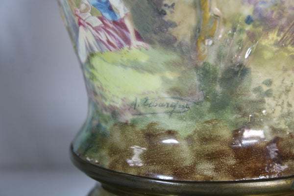 Antique Belgian faience ceramic hand paint MAntel clock sphinx lion heads rare