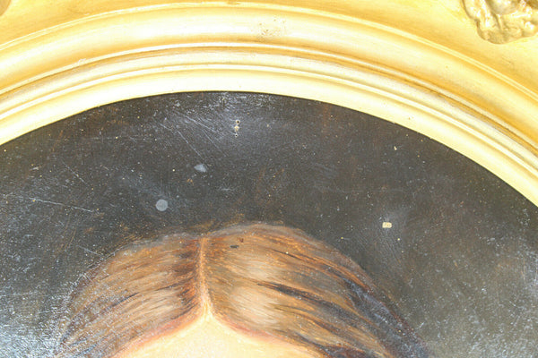 Antique french oil Cardboard portrait girl painting 19thc