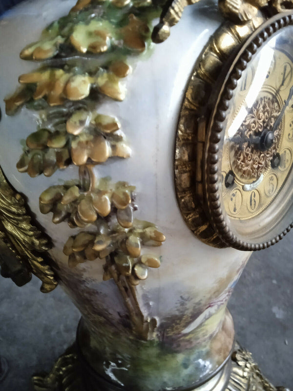 Antique Belgian faience ceramic hand paint MAntel clock sphinx lion heads rare