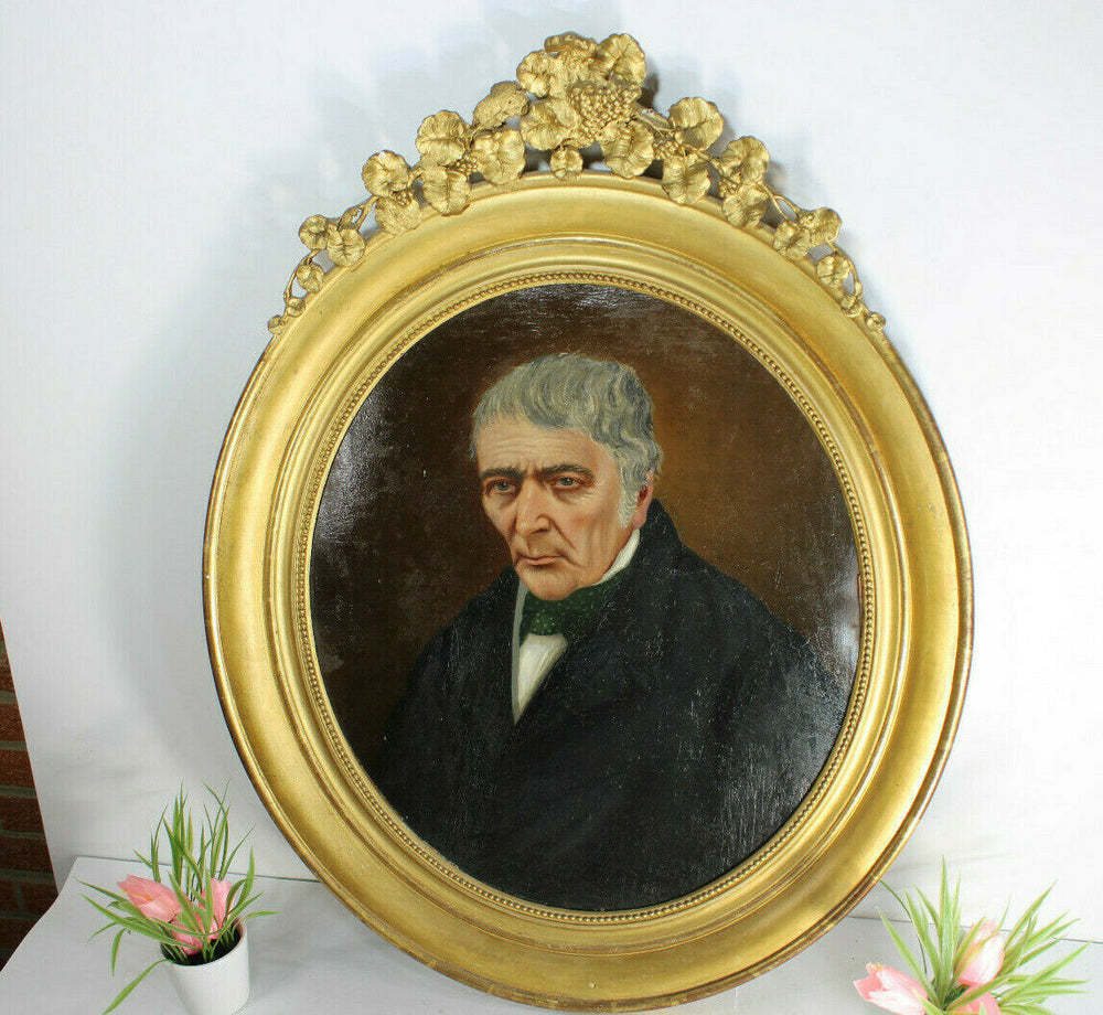 Antique 19thc portrait man oil cardboard painting frame