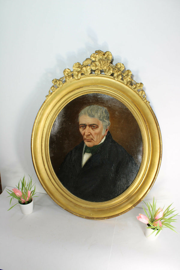 Antique 19thc portrait man oil cardboard painting frame