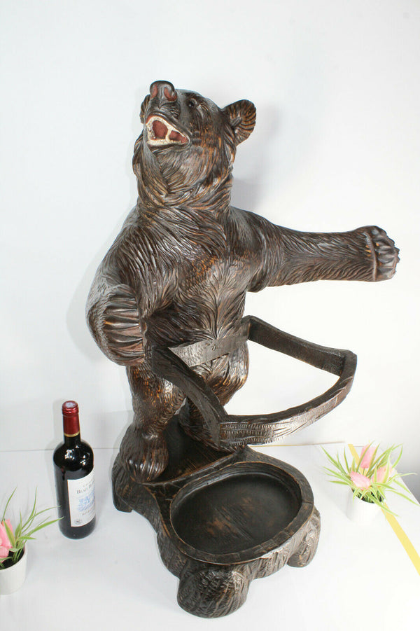 Top antique Swiss rare black forest wood carved bear umbrella stand