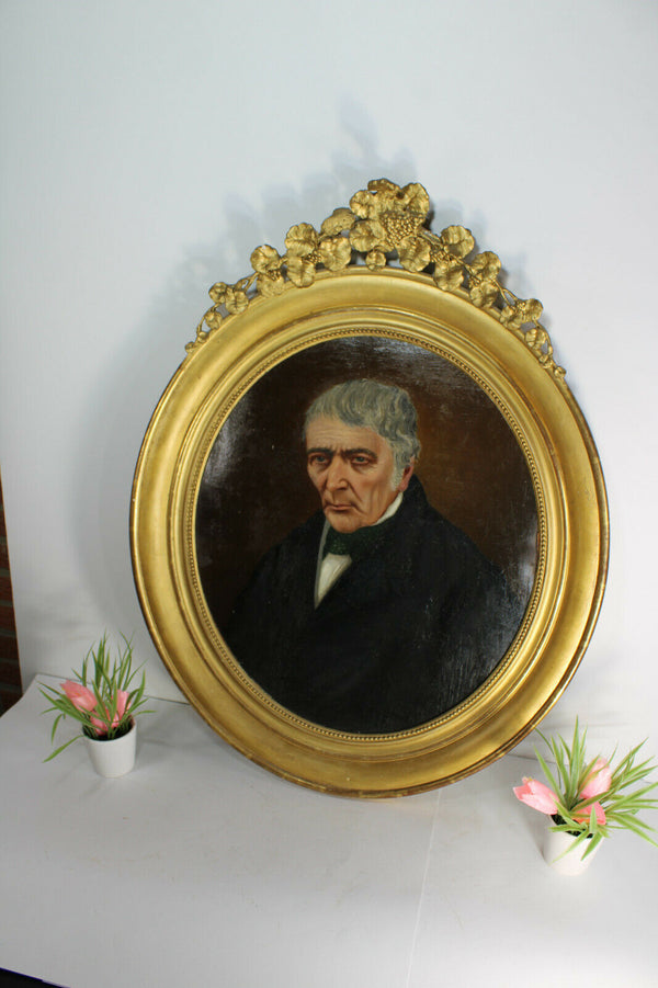 Antique 19thc portrait man oil cardboard painting frame