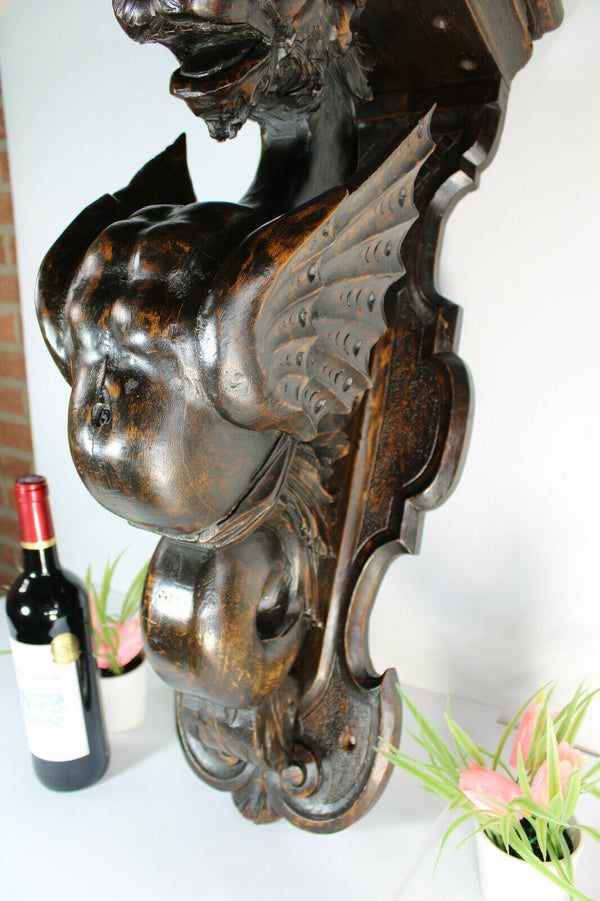 Majestical Antique black forest wood carved Dragon Gothic Wall console rare