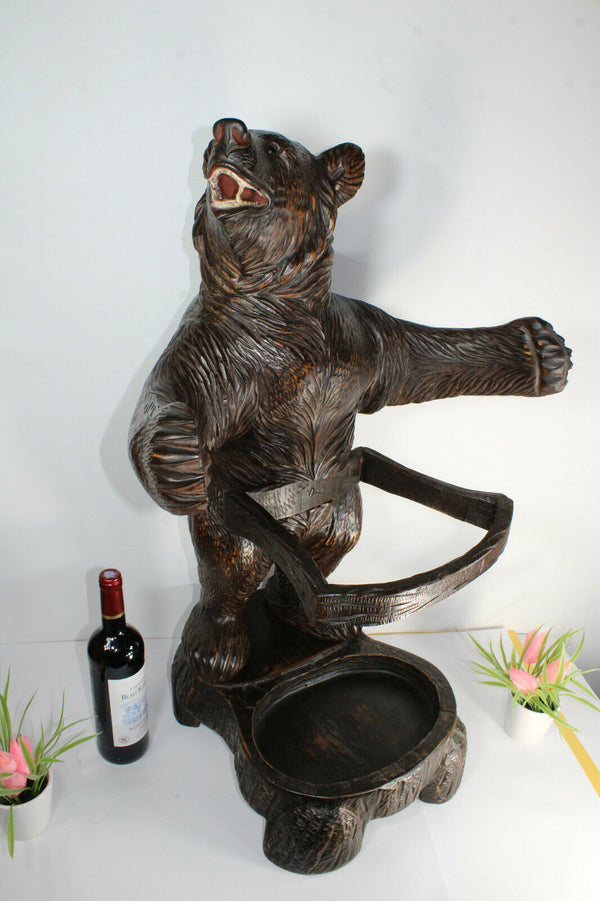 Top antique Swiss rare black forest wood carved bear umbrella stand